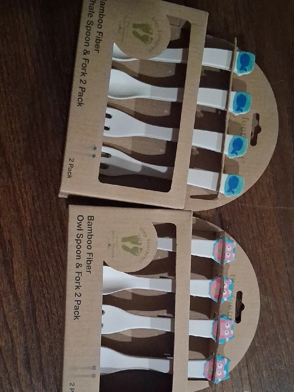 Bamboo Fiber Owl Spoon & Fork Set — White Handles 2 Pack Blue And Pink